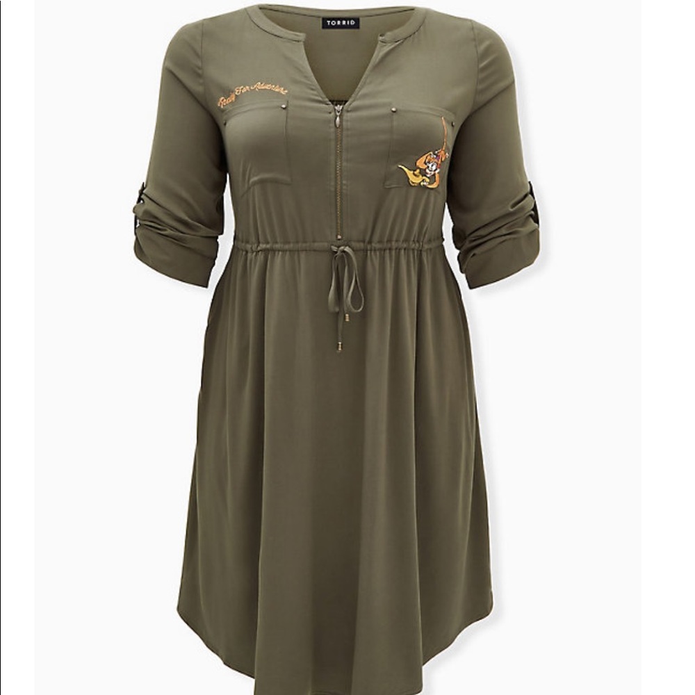 New Disney Abu Olive Zip Front Shirt Dress